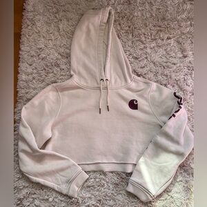 Carhartt Women's Cropped Hoodie in cream with Maroon Logo